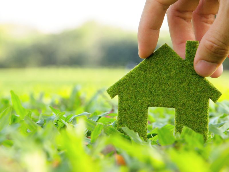 Hand holding eco house icon concept